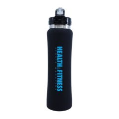 black stainless steel water bottle with a black top with a clear mouthpiece and an imprint saying Health & Fitness Sports Magazine