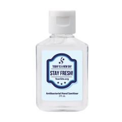 clear hand sanitizer bottle with an imprint saying today is a new day stay fresh! and yoursite.org text below