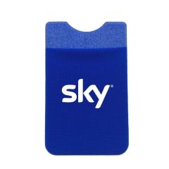 blue stretchy lycra cell phone wallet with an Imprint saying sky