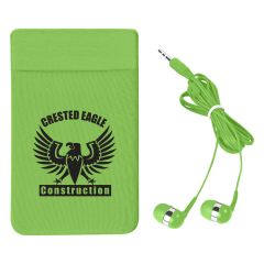 personalized green phone wallet with an imprint saying crested eagle construction and matching colored earbuds