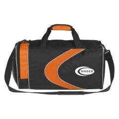 black duffel bag with orange trim, adjustable strap, carrying handles, and an imprint saying Ringen