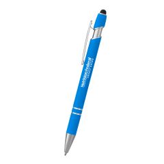 blue rubber stylus personalized pen with an imprint saying nuvision federal credit union