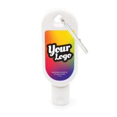 white sunscreen bottle with pride gradient colors on a label and text saying your logo with broad spectrum spf 30 sunscreen lotion text below