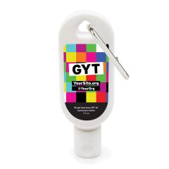 custom white sunscreen bottle with an imprint of colored squares and text saying gyt with yoursite.org and @yourorg text below
