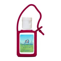 a sunscreen bottle with a maroon silicone strap and an imprint saying Camp Fire USA
