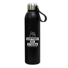 silver stainless steel bottle with a silicone strap and an imprint saying Black Wold Outdoor Hiking Gear
