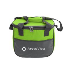 green cooler bag with a top zippered compartment, front pocket, detachable strap, and an imprint saying ArgusView