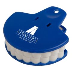 blue teeth food clip with an imprint on top saying advantica see. smile. live.