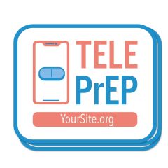 A square sticker that has a phone with a blue pill displayed next to text saying teleprep and yoursite.org text below