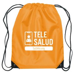 orange drawstring bag with an imprint of a phone and inside is a stick figure with a stethoscope and text to the right saying tele salud and susitio.org text below
