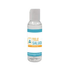clear hand sanitizer bottle with a white cap and an imprint with a phone with a stick figure holding a stethoscope and text saying tele salud with susitio.org text below