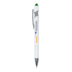 personalized white pen with green stylus on top and an imprint saying Shaw's official supermarket of the New England patriots