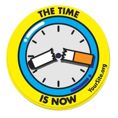 A round sticker with an imprint saying the time is now with yoursite.org text to the right