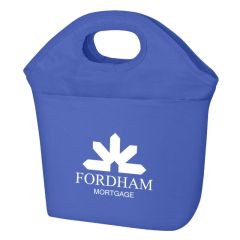 blue cooler bag tote with front pocket, carrying handles, and an imprint saying fordham mortgage
