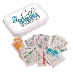 white tin first aid kit with supplies included