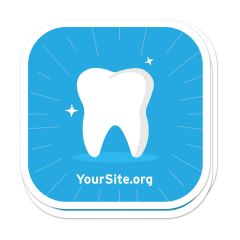 custom shiny tooth sticker with blue background and yoursite.org text on the bottom