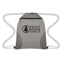 gray drawstring bag with front zippered pocket, mesh sides, and an imprint saying pacific outdoor living co