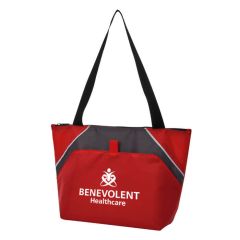 red tote cooler bag with main compartment and an imprint saying benevolent healthcare