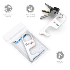 white touchtools on key loop with three keys and in a white bag
