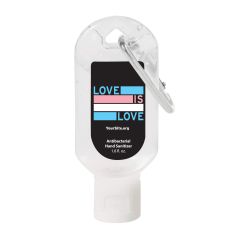 clear hand sanitizer bottle with a silver carabiner and white cap and an imprint of a black background with the transgender flag colors and text saying love is love with yoursite.org text below