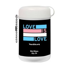 white canister with an imprint of a black background and the trans flag colors with text saying love is love and yoursite.org text below
