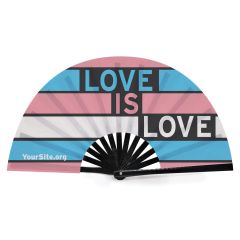 custom snap fan with a blue, pink, and white pattern and text saying love is love with yoursite.org text on the bottom left