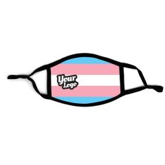 black adjustable mask with an imprint of the transgender flag colors and in the middle left is text saying your logo