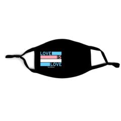 black adjustable mask with an imprint on the left of the trans flag colors and text saying love is love  with yoursiteorg text below it