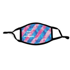 a black adjustable mask with blue and pink stripes in a painted design and to the left is text inside a dotted square saying add your artwork