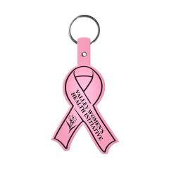 a translucent pink ribbon key tag with a split ring attachment and an imprint saying valley women's health initiative