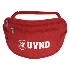 personalized red fanny pack with two zippered compartments and an imprint saying UVND