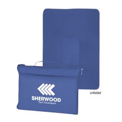bleu travel blanket with matching custom carrying bag with an imprint on the front saying sherwood tech developers