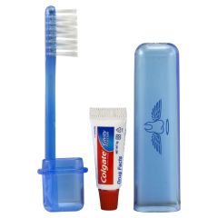 custom blue translucent travel toothbrush with travel size colgate toothpaste