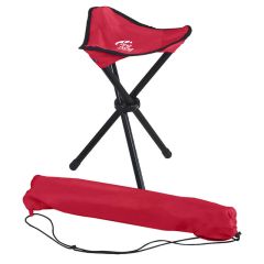 custom red tripod chair with matching color carrying bag with imprint on top of chair with a ping pong logo and text saying ping pong