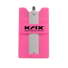 pink silicone phone wallet with a stylus and an imprint saying krix experience sound