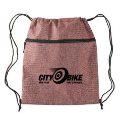 red drawstring bag with a front zippered pocket and an imprint saying City Bike Ride fast Take changes