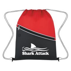 black and red drawstring bag with front zippered pocket, earbud slot, and an imprint saying shark attack