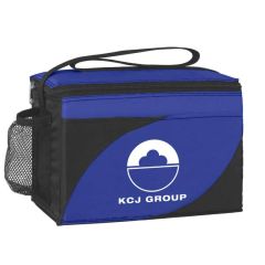 blue lunch bag with side mesh pocket, adjustable strap, and an imprint saying kcj group