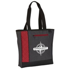 a gray tote bag with red diamond trimming, black handles, front zippered compartment, and an imprint saying compass Point Book