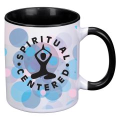 personalized black and white mug with a full color imprint saying spiritual centered