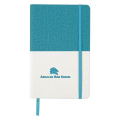 personalized blue and white journal with matching bookmark, strap closure and paper edge