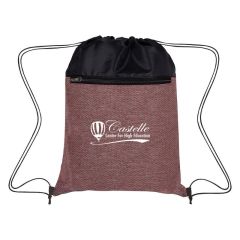 red drawstring bag with front zippered compartment and an imprint saying Castelle Center for high education