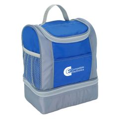 lunch bag with side mesh pocket, front pocket, carrying handle, and zippered compartment