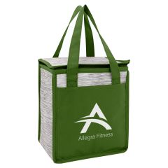 a gray patterned cooler bag with green trimming, a top zippered compartment, and an imprint saying Allegra Fitness