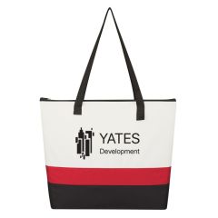 two-tone tote bag with main zippered compartment and web carrying handle with an imprint saying Yates Development