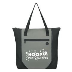 two-tone tote bag with a front zippered pocket, main zippered compartment, and an imprint saying Hoopla Party Stores