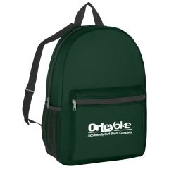 forest green backpack with side mesh pocket, front zippered compartment, main zippered compartment, and an imprint saying Orleyoke Eco-friendly surf board company