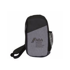 black sling backpack with a gray front, mesh pockets, and an imprint saying AGA Advanced Guardian Architecture / Informatics