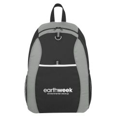 black backpack with blue trim, 2 side mesh pockets, front pockets, and an imprint saying Earthweek Environmental Cleanup