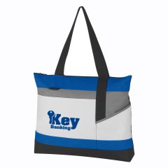 white tote bag with gray, black, and blue trim with a front pocket, side pocket, and a top zippered compartment